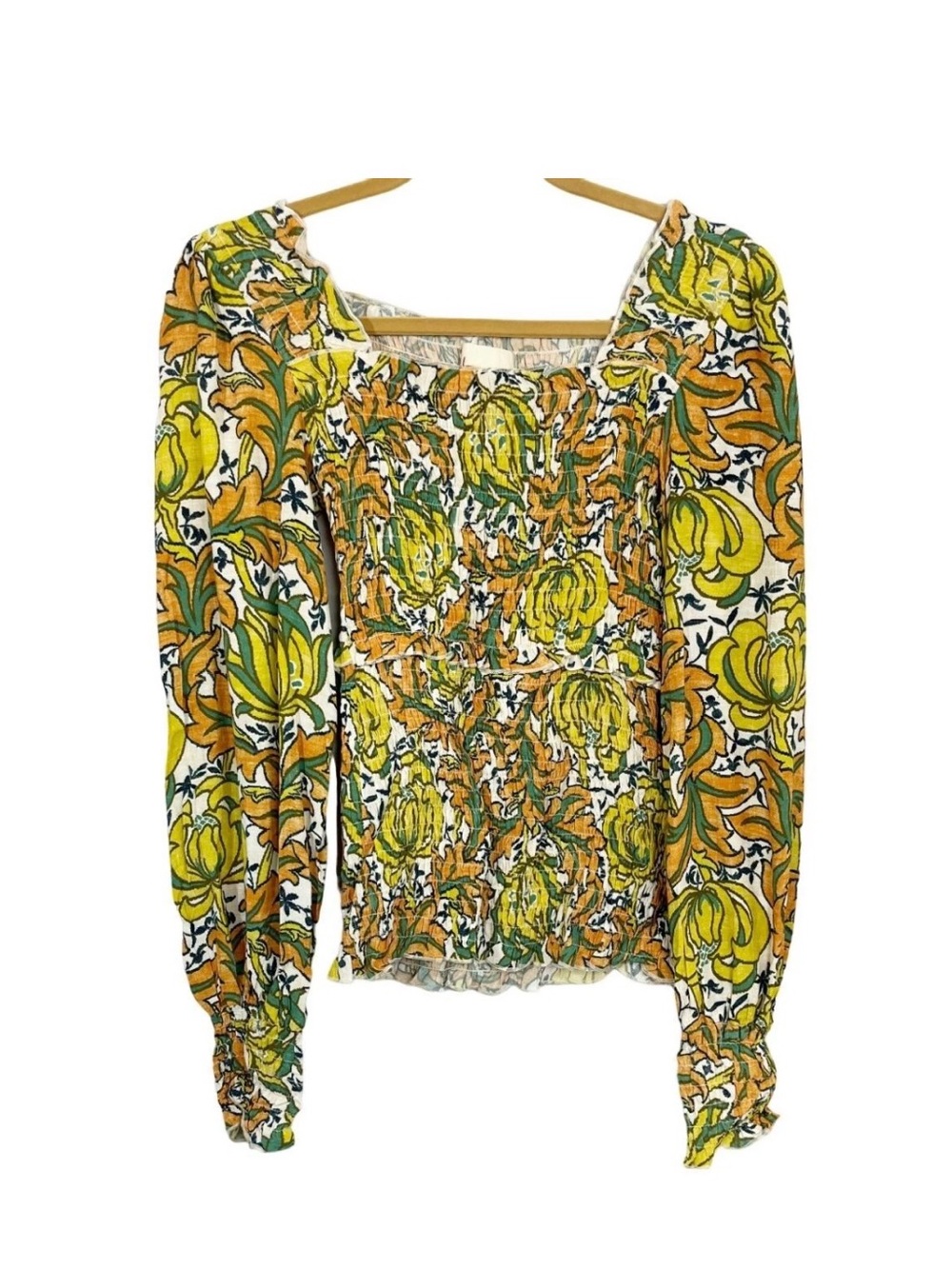 Anthropologie Rayna Smocked Floral Blouse Square Neck Puff Sleeve Boho - Picture 8 of 9